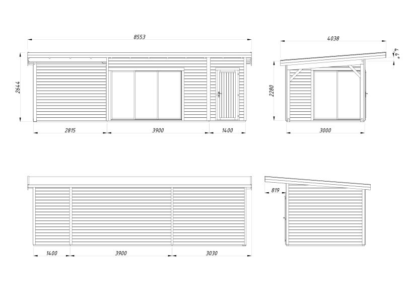 Gartenhaus ANDREA 15,2+7,9 m² - 833x300 cm, 44 mm, 2-Raum+Seitendach 303 cm,  inkl. Boden, Schiebetür, transparent imprägniert