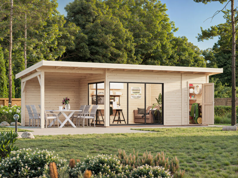 Gartenhaus ANDREA 15,2+7,9 m² - 833x300 cm, 44 mm, 2-Raum+Seitendach 303 cm,  inkl. Boden, Schiebetür, transparent imprägniert