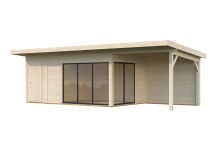 Gartenhaus ANDREA 15,2+7,9 m² - 833x300 cm, 44 mm, 2-Raum+Seitendach 303 cm,  inkl. Boden, Schiebetür, transparent imprägniert