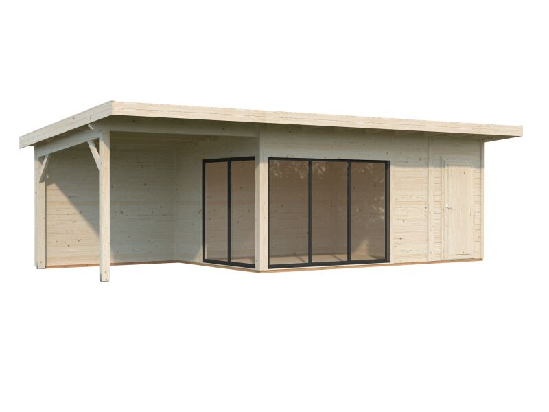 Gartenhaus ANDREA 15,2+7,9 m² - 833x300 cm, 44 mm, 2-Raum+Seitendach 303 cm,  inkl. Boden, Schiebetür, lackiert weiß (9016) + anthrazit (7016)