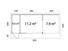 Gartenhaus ANDREA 15,2+7,9 m² - 833x300 cm, 44 mm, 2-Raum+Seitendach 303 cm,  inkl. Boden, Schiebetür, lackiert weiß (9016) + anthrazit (7016)