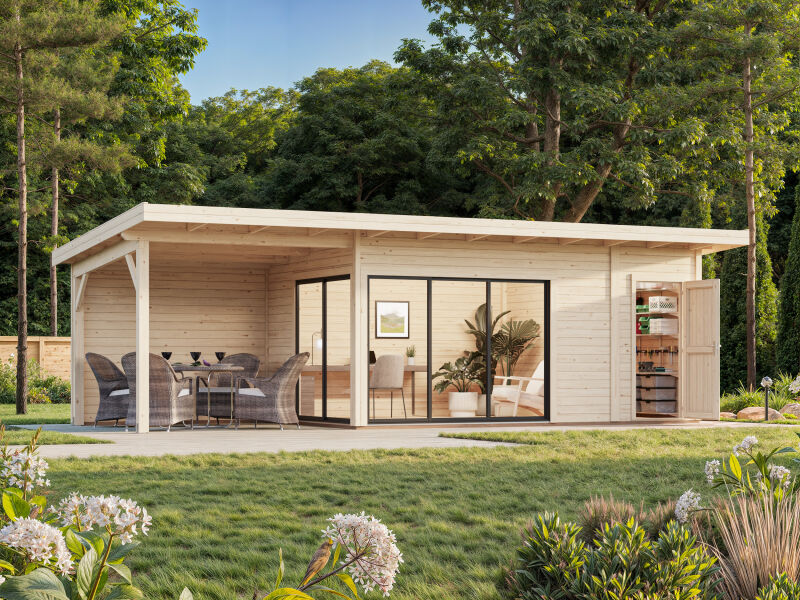 Gartenhaus ANDREA 15,2+7,9 m² ISO - 833x300 cm, 44 mm, 2-Raum+Seitendach 303 cm, inkl. Boden, Schiebetür Plus, natur+ farbig