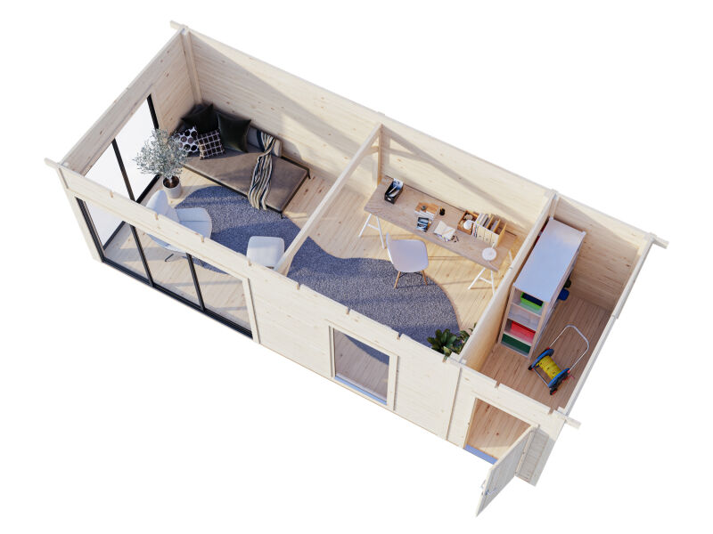 Gartenhaus ANDREA 21,1 m² - 735x300 cm, 44 mm, 2-Raum, inkl. Boden, Schiebetür, hellbraun imprägniert