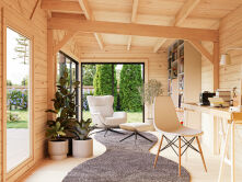 Gartenhaus ANDREA 21,1 m² ISO - 735x300 cm, 44 mm, 2-Raum, inkl. Boden, Schiebetür Plus, natur + farbig