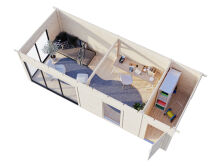 Gartenhaus ANDREA 21,1 m² ISO - 735x300 cm, 44 mm, 2-Raum, inkl. Boden, Schiebetür Plus, natur + farbig
