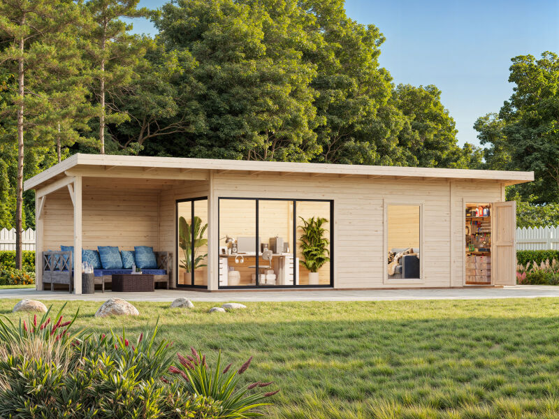 Gartenhaus ANDREA 21,1+7,9 m² - 1038x300 cm, 44 mm, 2-Raum+Seitendach 303 cm, inkl. Boden, Schiebetür, natur + farbig