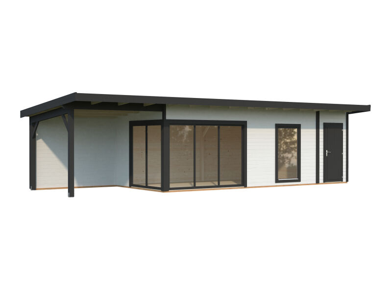 Gartenhaus ANDREA 21,1+7,9 m² - 1038x300 cm, 44 mm, 2-Raum+Seitendach 303 cm, inkl. Boden, Schiebetür, natur + farbig
