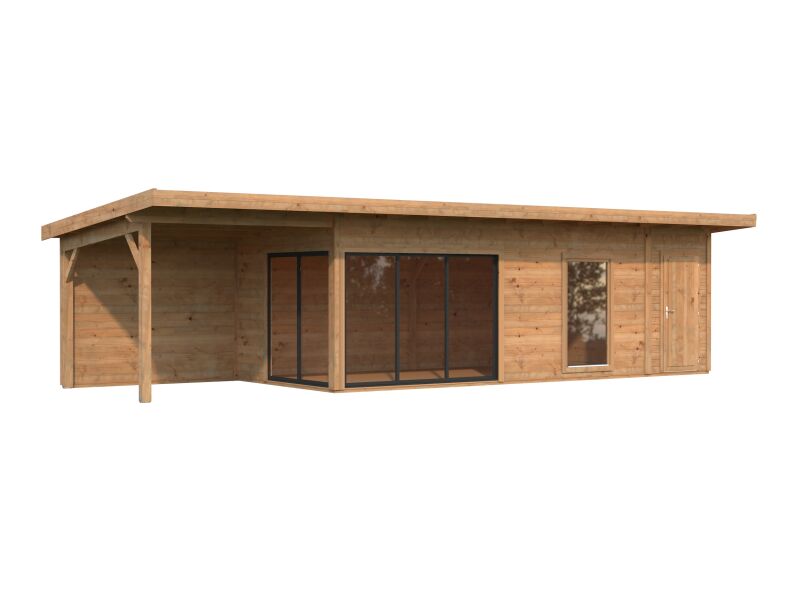 Gartenhaus ANDREA 21,1+7,9 m² ISO - 1038x300 cm, 44 mm, 2-Raum+Seitendach 303 cm, inkl. Boden, Schiebetür Plus, natur + farbig