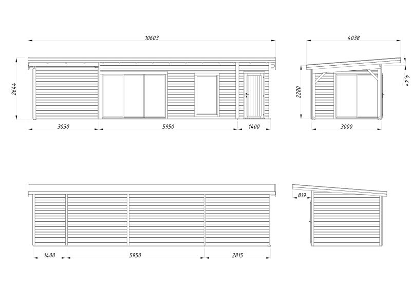 Gartenhaus ANDREA 21,1+7,9 m² ISO - 1038x300 cm, 44 mm, 2-Raum+Seitendach 303 cm, inkl. Boden, Schiebetür Plus, natur + farbig