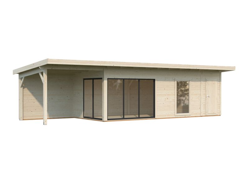 Gartenhaus ANDREA 21,1+7,9 m² ISO - 1038x300 cm, 44 mm, 2-Raum+Seitendach 303 cm, inkl. Boden, Schiebetür Plus, natur + farbig