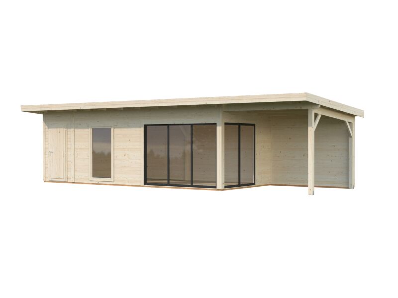 Gartenhaus ANDREA 21,1+7,9 m² ISO - 1038x300 cm, 44 mm, 2-Raum+Seitendach 303 cm, inkl. Boden, Schiebetür Plus, natur + farbig