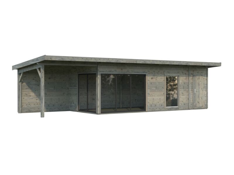 Gartenhaus ANDREA 21,1+7,9 m² ISO - 1038x300 cm, 44 mm, 2-Raum+Seitendach 303 cm, inkl. Boden, Schiebetür Plus, natur + farbig