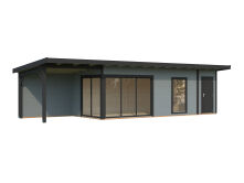 Gartenhaus ANDREA 21,1+7,9 m² ISO - 1038x300 cm, 44 mm, 2-Raum+Seitendach 303 cm, inkl. Boden, Schiebetür Plus, natur + farbig