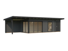 Gartenhaus ANDREA 21,1+7,9 m² ISO - 1038x300 cm, 44 mm, 2-Raum+Seitendach 303 cm, inkl. Boden, Schiebetür Plus, natur + farbig