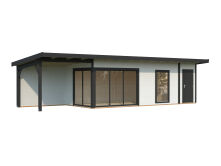 Gartenhaus ANDREA 21,1+7,9 m² ISO - 1038x300 cm, 44 mm, 2-Raum+Seitendach 303 cm, inkl. Boden, Schiebetür Plus, natur + farbig