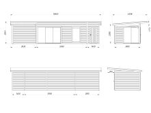 Gartenhaus ANDREA 21,1+7,9 m² ISO - 1038x300 cm, 44 mm, 2-Raum+Seitendach 303 cm, inkl. Boden, Schiebetür Plus, natur + farbig