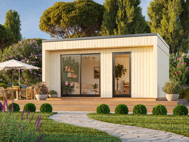Palmako TINY Gartenhaus JOHANNA 19,4 m² ISO, 18+47+95 mm Elemente, 562x448 cm, Schiebetür, inkl. Fußboden, natur