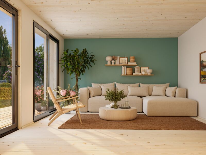 Palmako TINY Gartenhaus REBEKKA 19,4 m²  ISO, 18+47+95 mm Elemente, 562x448 cm, Schiebetür, inkl. Fußboden, natur