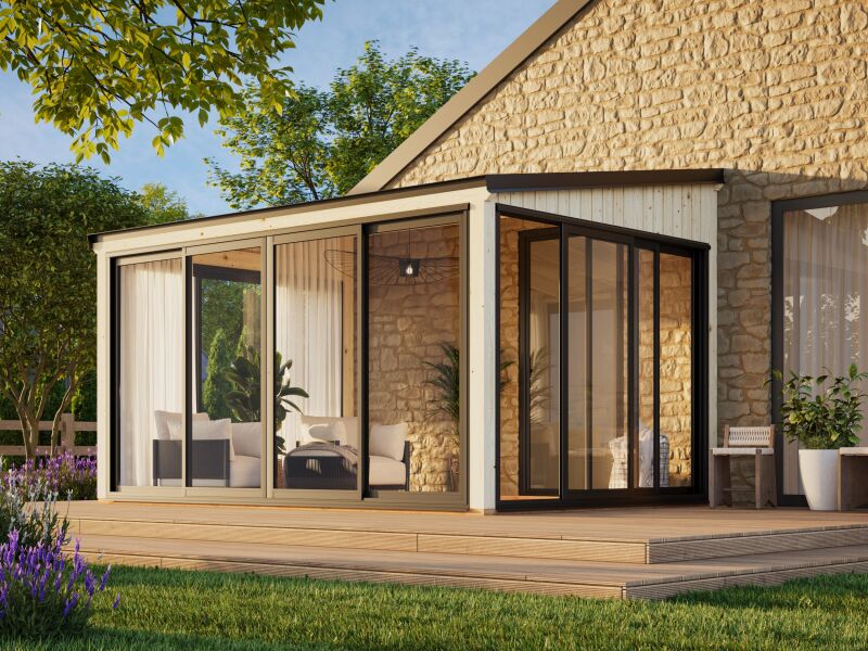 Palmako Terrasenüberdachung Glashaus LUMI 11,6 m²  ISO - 420x297 cm, Schiebetür Plus, natur + farbig