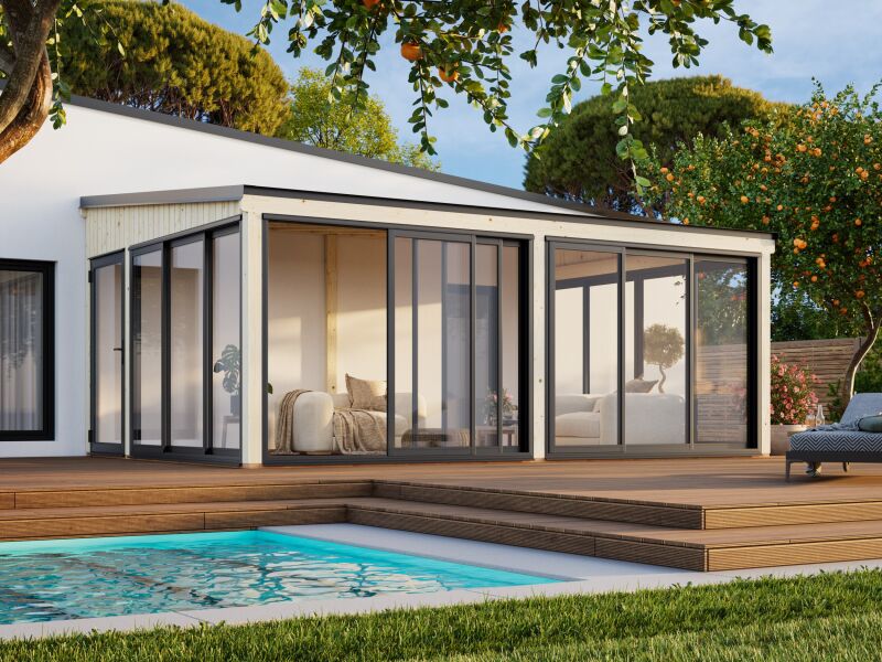 Palmako Terrasenüberdachung Glashaus LUMI 23,3 m²  ISO - 582x420 cm, Schiebetür Plus, natur + farbig