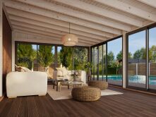 Palmako Terrasenüberdachung Glashaus LUMI 23,3 m²  ISO - 582x420 cm, Schiebetür Plus, natur + farbig