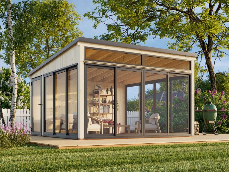 Palmako Gartenhaus Glashaus SAGA 16,6 m² - 420x420 cm, Schiebetür, hellbaun imprägniert