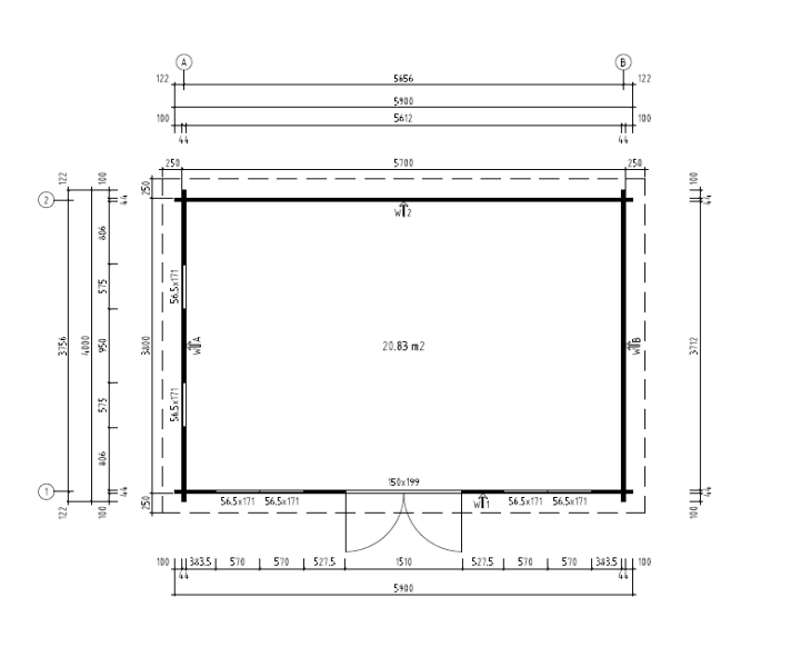 Gartenhaus JUNIS, 570x380 cm ISO (A), 44mm Bohlen,XL Tür, inklusive Boden