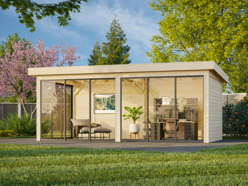 Palmako Pavillon LENNA 16,6 m² SET 702 ISO - 588x300 cm, 28 mm, Schiebetür Plus, natur