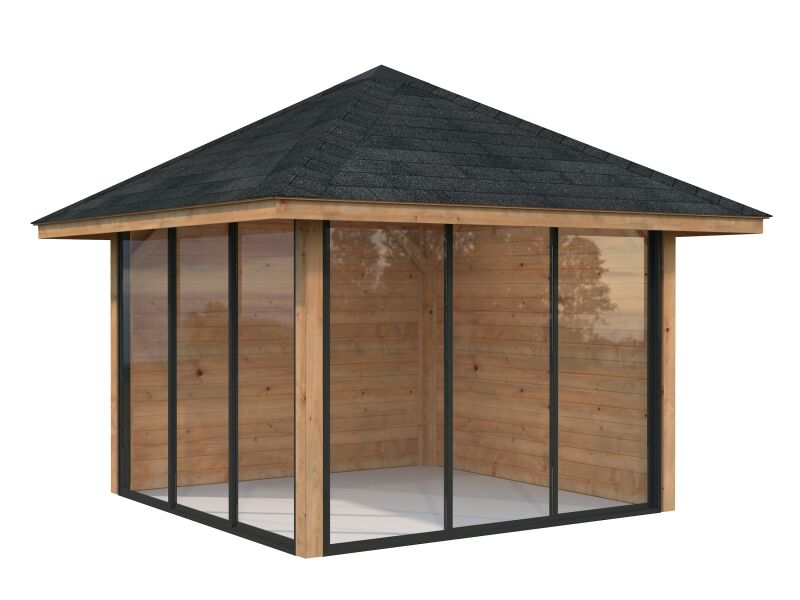Palmako Pavillon BIANCA 8,3 m²  SET 201 - 300x300 cm, 28 mm, Schiebetür, hellbraun imprägniert