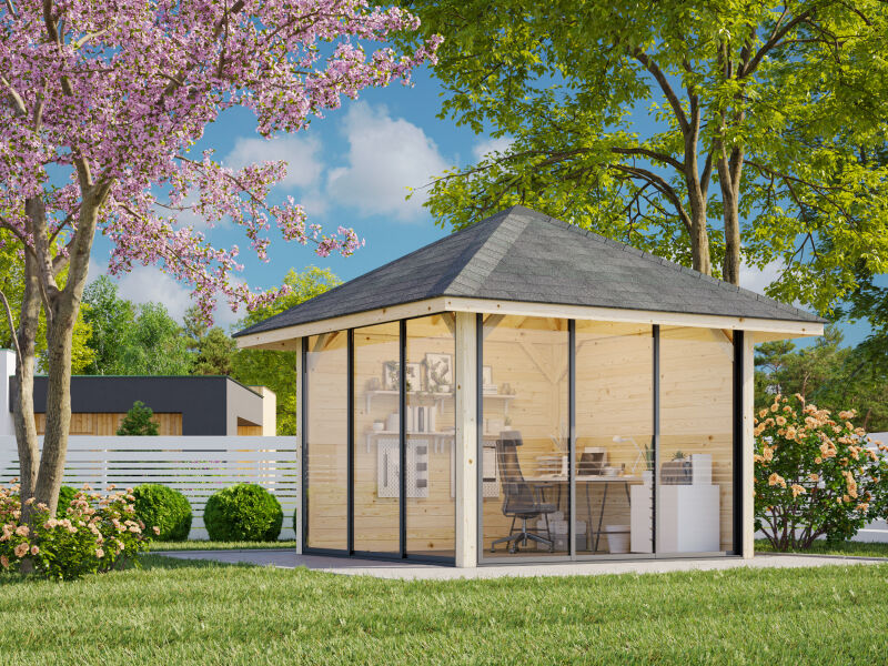 Palmako Pavillon BIANCA 8,3 m²  SET 201 / SET 501 ISO - 300x300 cm, 28 mm, Schiebetür, natur + farbig