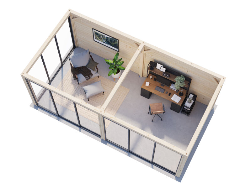 Palmako Pavillon BIANCA 16,6 m²  SET 202 - 588x300 cm, 28 mm, Schiebetür, hellbraun imprägniert