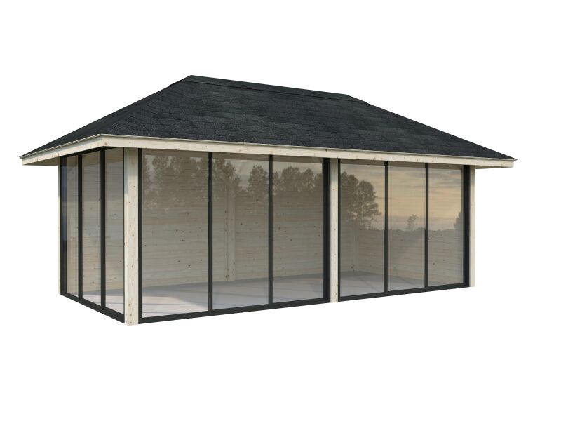Palmako Pavillon BIANCA 16,6 m²  SET 202 - 588x300 cm, 28 mm, Schiebetür, hellbraun imprägniert
