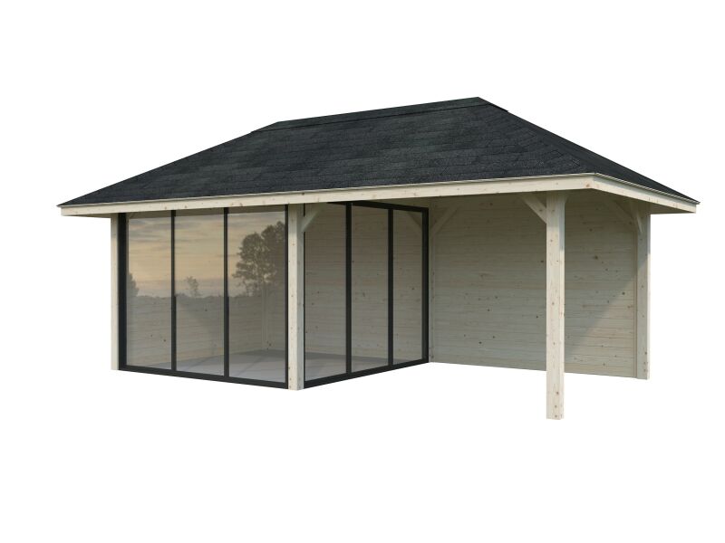 Palmako Pavillon BIANCA 16,6 m²  SET 205 / SET 205 ISO - 588x300 cm, 28 mm, Schiebetür, natur + farbig