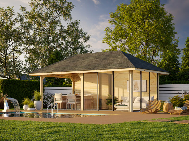 Palmako Pavillon BIANCA 16,6 m² SET 206 - 588x300 cm, 28 mm, Schiebetür, natur