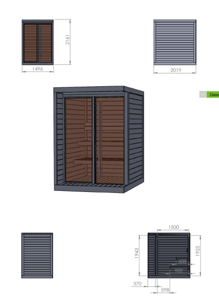 Aussensauna/Saunahaus HIKI S 149x202 cm, Vollglasfront, inkl. Dacheindeckung schwarz, Bausatz, Thermo-Holz