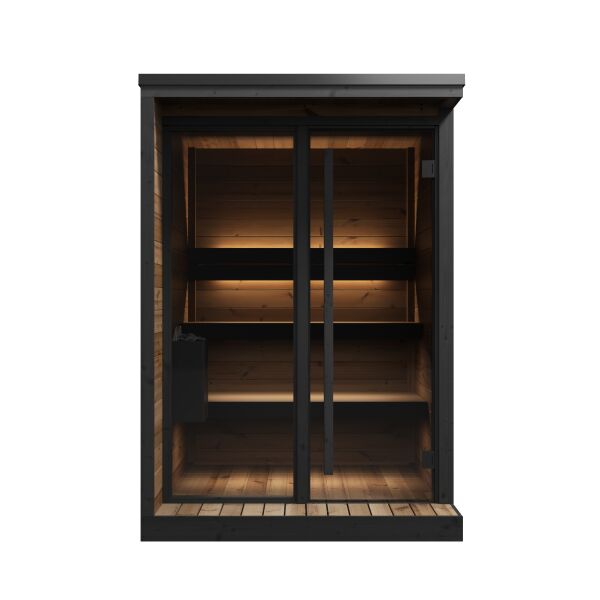 Aussensauna/Saunahaus HIKI S 149x202 cm, Vollglasfront, inkl. Dacheindeckung schwarz, Bausatz, Thermo-Holz