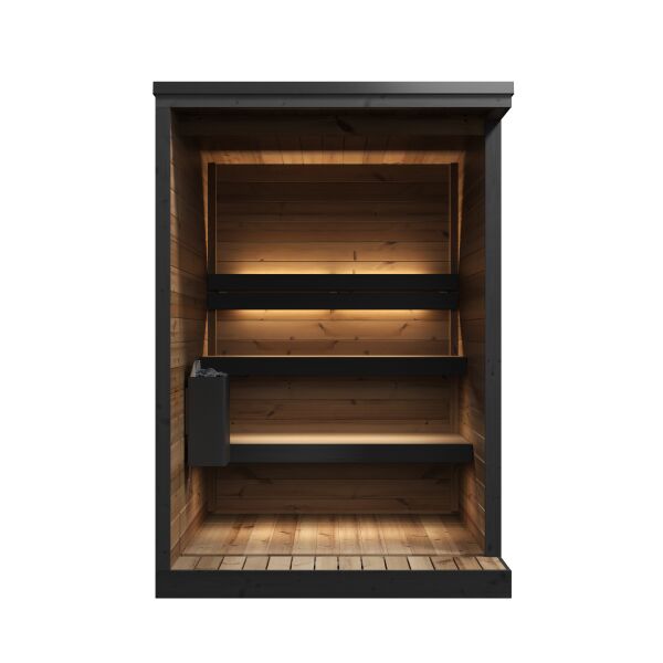 Aussensauna/Saunahaus HIKI S 149x202 cm, Vollglasfront, inkl. Dacheindeckung schwarz, Bausatz, Thermo-Holz
