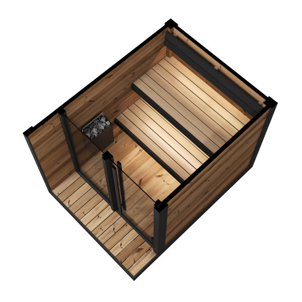Aussensauna/Saunahaus HIKI S 149x202 cm, Vollglasfront, inkl. Dacheindeckung schwarz, Bausatz, Thermo-Holz