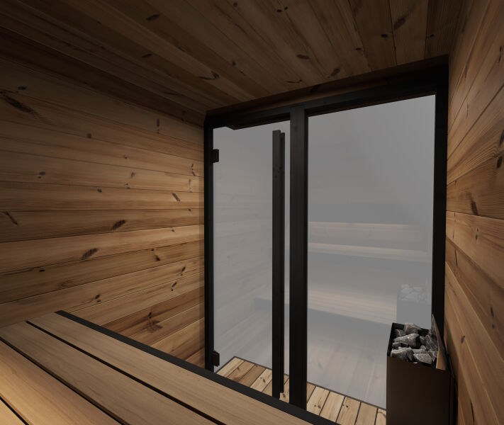 Aussensauna/Saunahaus HIKI S 149x202 cm, Vollglasfront, inkl. Dacheindeckung schwarz, Bausatz, Thermo-Holz