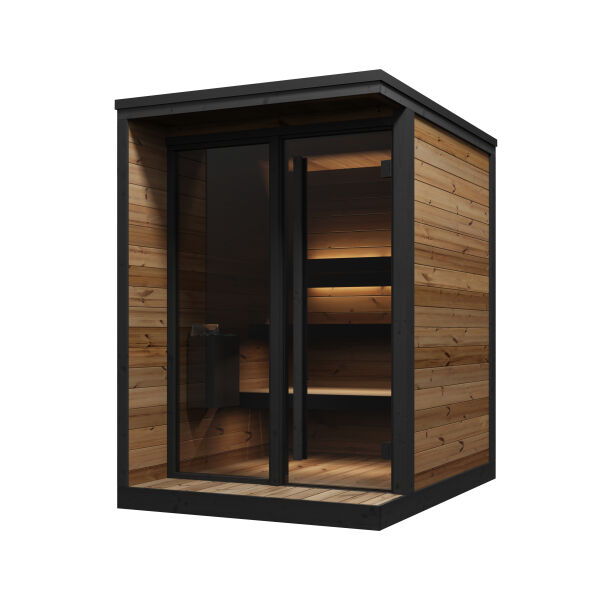 Aussensauna/Saunahaus HIKI S 149x202 cm, Vollglasfront, inkl. Dacheindeckung schwarz, Bausatz, Thermo-Holz