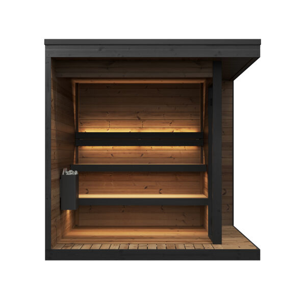Aussensauna/Saunahaus HIKI L 229x229 cm, Vollglasfront, inkl. Dacheindeckung schwarz, Bausatz, Thermo-Holz