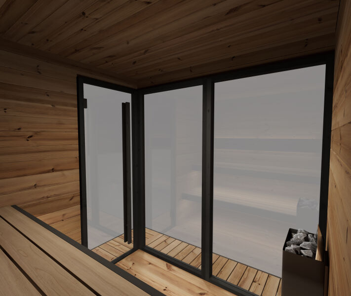 Aussensauna/Saunahaus HIKI L 229x229 cm, Vollglasfront, inkl. Dacheindeckung schwarz, Bausatz, Thermo-Holz