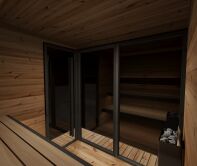 Sauna HIKI L 229x229 cm, Vollglasfront, inkl. Dacheindeckung schwarz, Bausatz, Thermo-Holz
