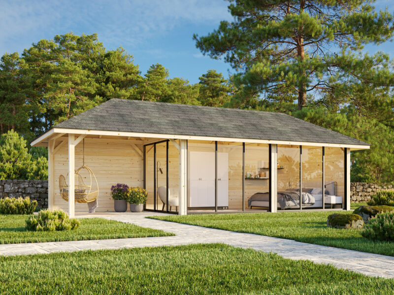Palmako Pavillon BIANCA 24,9 m² SET 217 / SET 517, 876x300 cm, Schiebetür, natur + farbig