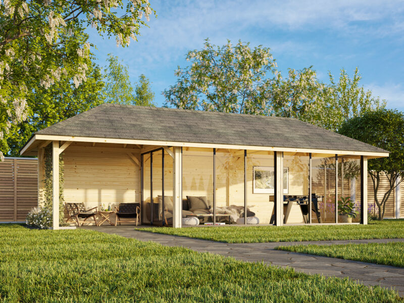 Palmako Pavillon BIANCA 24,9 m² SET 218, 876x300 cm, Schiebetür, hellbraun imprägniert
