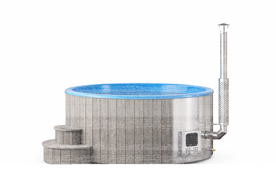 Hot Tub DeLux GRAU gestrichen / GFK - Einsatz blau / V2A Ofen inkl. LED, Whirlpool und mit Premium Leder Deckel, ø 200 cm, mit integriertem Aussenofen, Thermoholz beplankt und gestrichen in grau