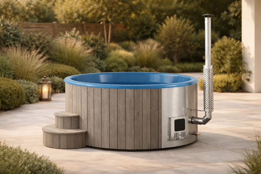 Hot Tub DeLux GRAU gestrichen / GFK - Einsatz blau / V2A Ofen inkl. LED, Whirlpool und mit Premium Leder Deckel, ø 200 cm, mit integriertem Aussenofen, Thermoholz beplankt und gestrichen in grau