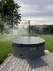 Hot Tub DeLux GRAU gestrichen / GFK - Einsatz blau / V2A Ofen inkl. LED, Whirlpool und mit Premium Leder Deckel, ø 200 cm, mit integriertem Aussenofen, Thermoholz beplankt und gestrichen in grau