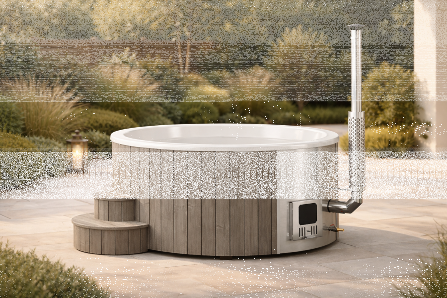 Hot Tub DeLux GRAU gestrichen / GFK - Einsatz weiß / V2A Ofen inkl. LED, Whirlpool und mit Premium Leder Deckel, ø 200 cm, mit integriertem Aussenofen, Thermoholz beplankt und gestrichen in grau