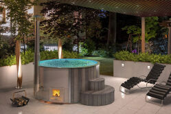 Hot Tub DeLux GRAU gestrichen / GFK - Einsatz weiß / V2A Ofen inkl. LED, Whirlpool und mit Premium Leder Deckel, ø 200 cm, mit integriertem Aussenofen, Thermoholz beplankt und gestrichen in grau